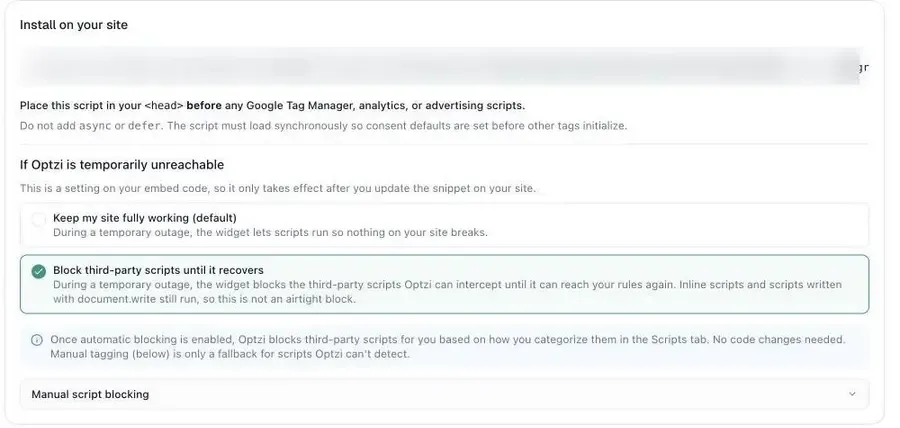 The optzi! Install on your site card, showing a blurred generated snippet, the instruction to place it before Google Tag Manager, and the outage behavior choices.