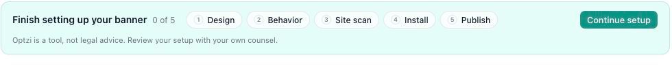 The optzi! setup guide lists the five milestones needed to launch a site.