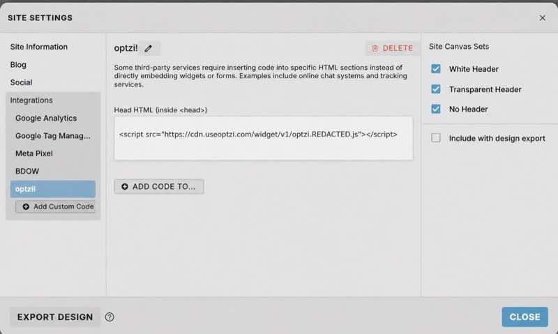 Showit Site Settings showing a redacted optzi global custom-code entry in Head HTML and three selected Site Canvas Sets.