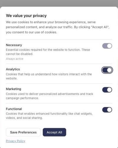 The optzi Privacy Choices panel open on a published Showit website.