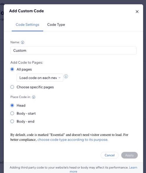 Wix Add Custom Code settings with All pages, Load code on each new page, and Head selected.