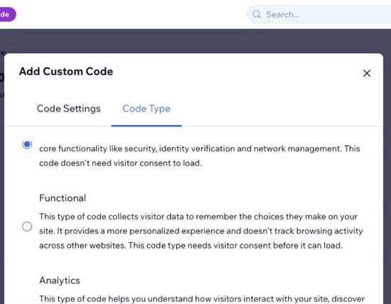 Wix Code Type tab with Essential selected.