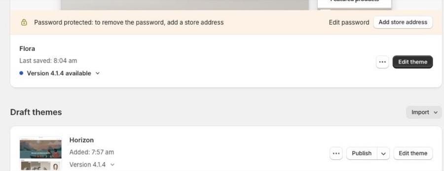 Shopify Themes page showing the live theme above the Draft themes section.