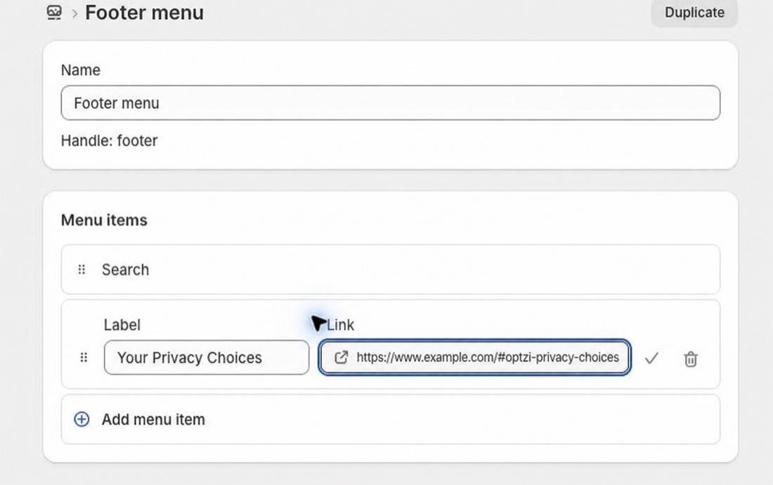 Shopify Footer menu with Your Privacy Choices linked to an example storefront URL ending in the optzi privacy-choices fragment.