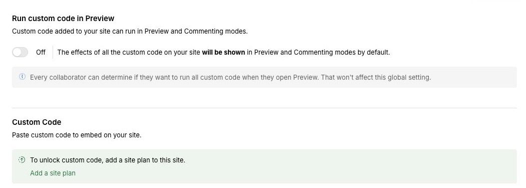 Webflow Site settings Custom code page showing that a Site plan is required to unlock custom code.