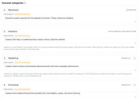 Consent categories list showing Necessary with a Required lock, then Analytics, Marketing, and Functional.